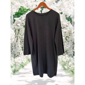 Eileen Fisher Black Organic Cotton Blend Relaxed Fit Dress With 3/4 Sleeves & Si
